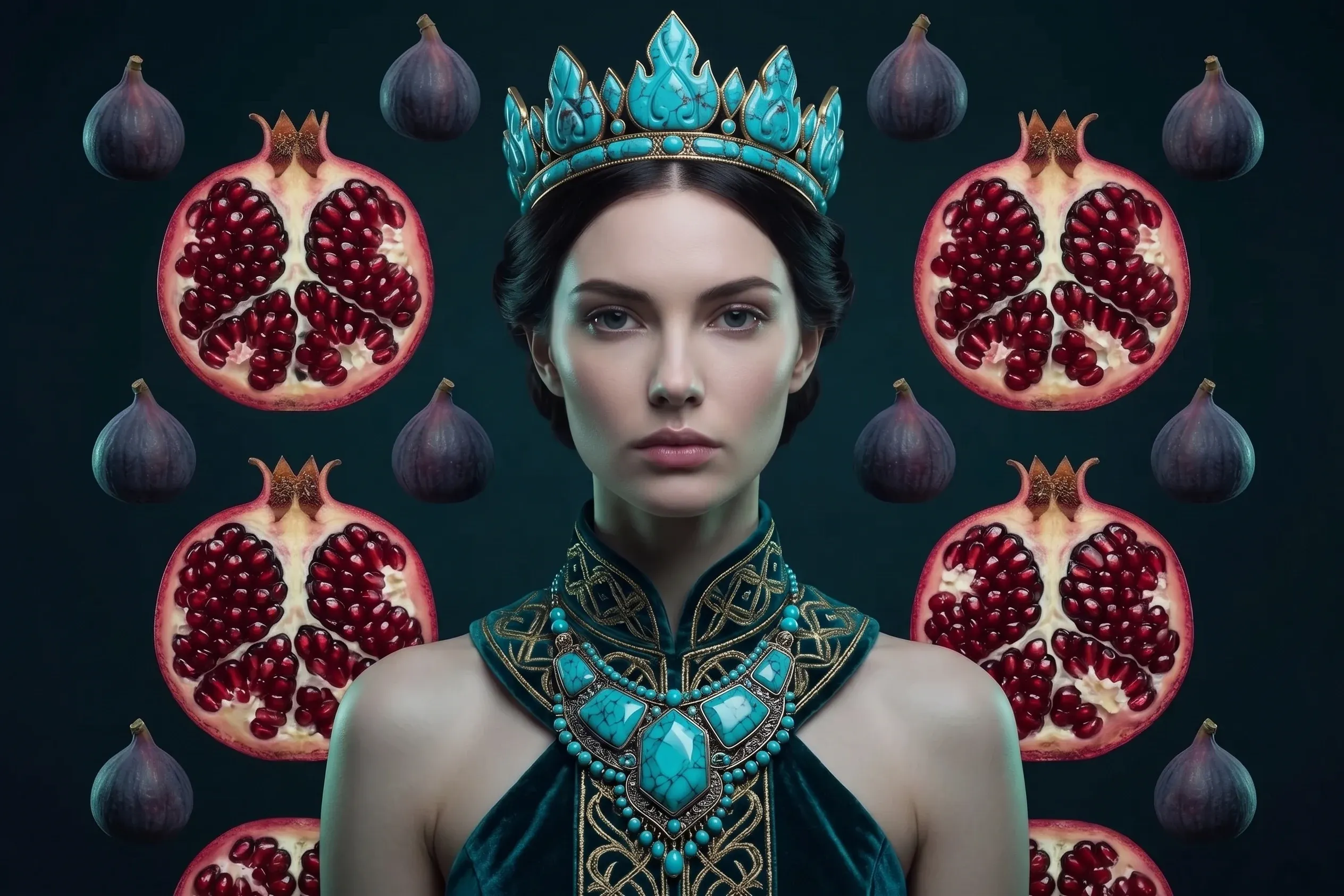 AI-generated portrait wearing an orange hat surrounded by grapefruit