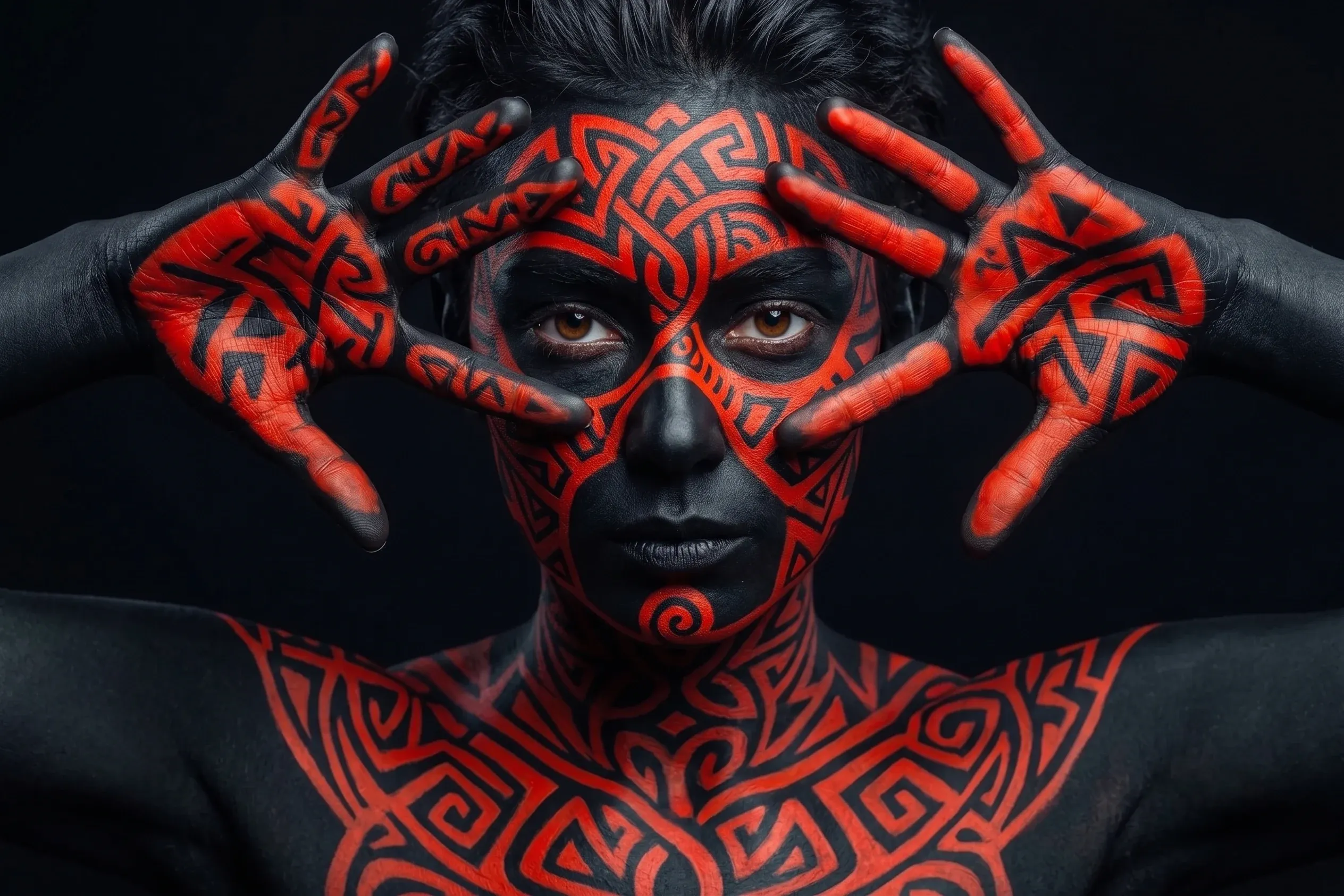 AI-generated portrait with red body paint